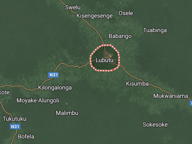 Map highlighting Lubutu, with surrounding areas and roads like N31 shown, against a green landscape background.