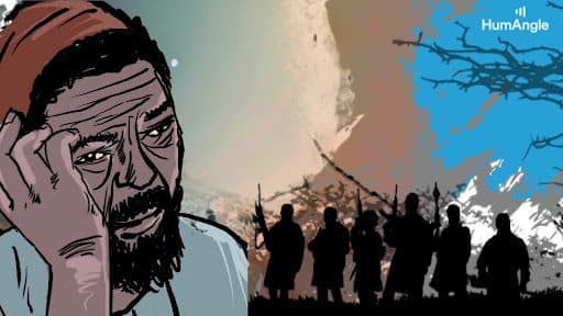Illustration of a worried man in the foreground with a group of silhouetted armed figures against a moody sky in the background.