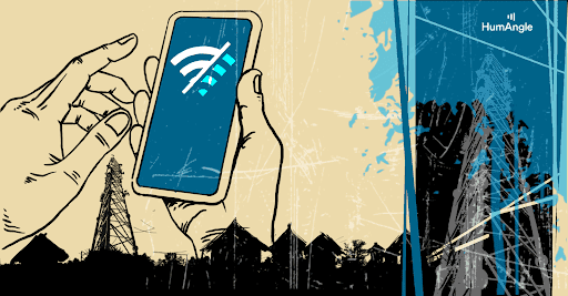 Hands holding a smartphone with a weak signal icon, against a backdrop of communication towers and silhouetted buildings.