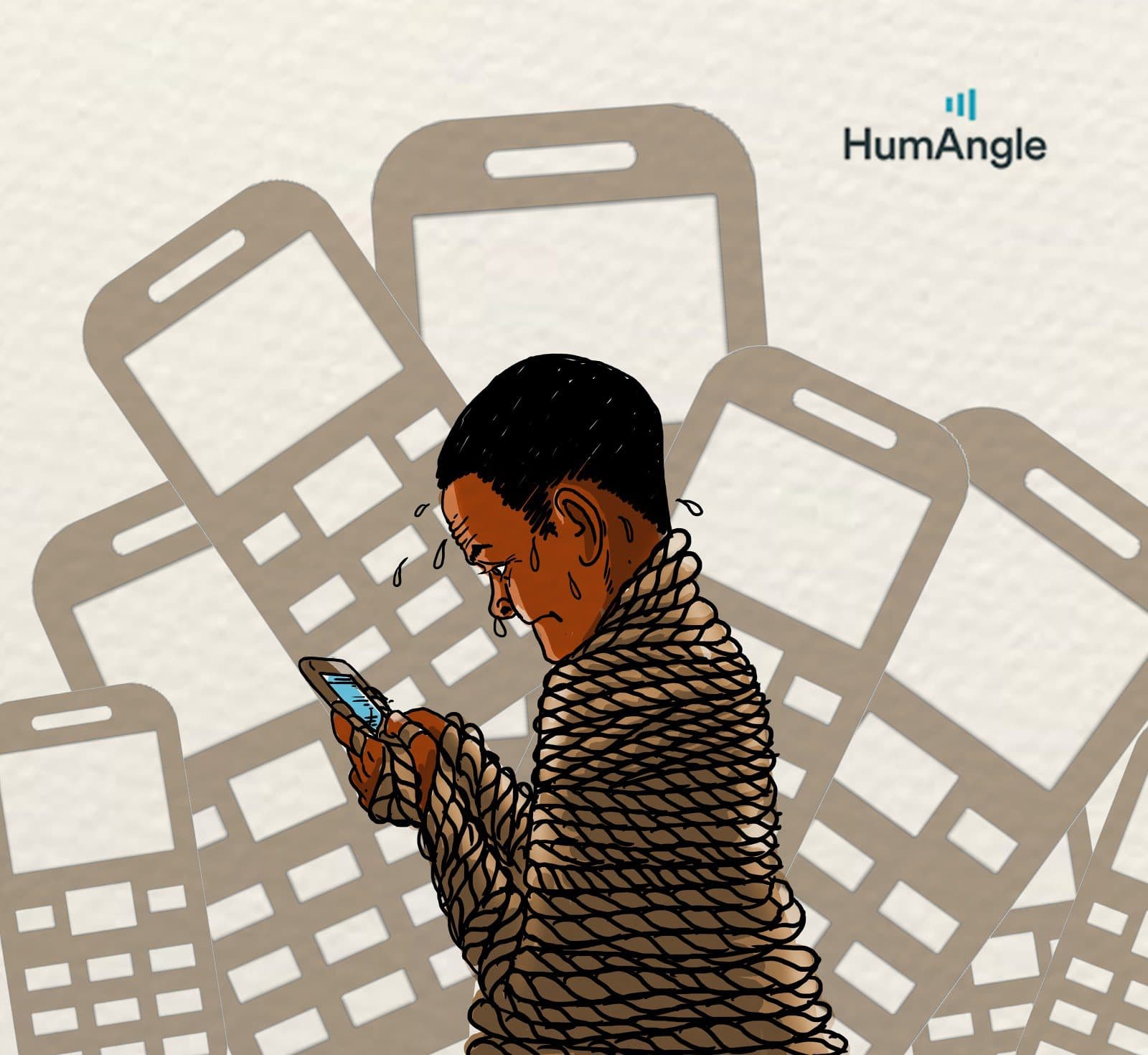 Trapped with a phone. Illustration depicting phone addiction. HumAngle/Akila