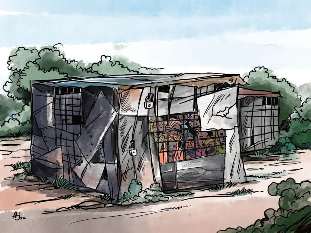 The picture is of a shack made of scrap metal, a group of women peer out from inside