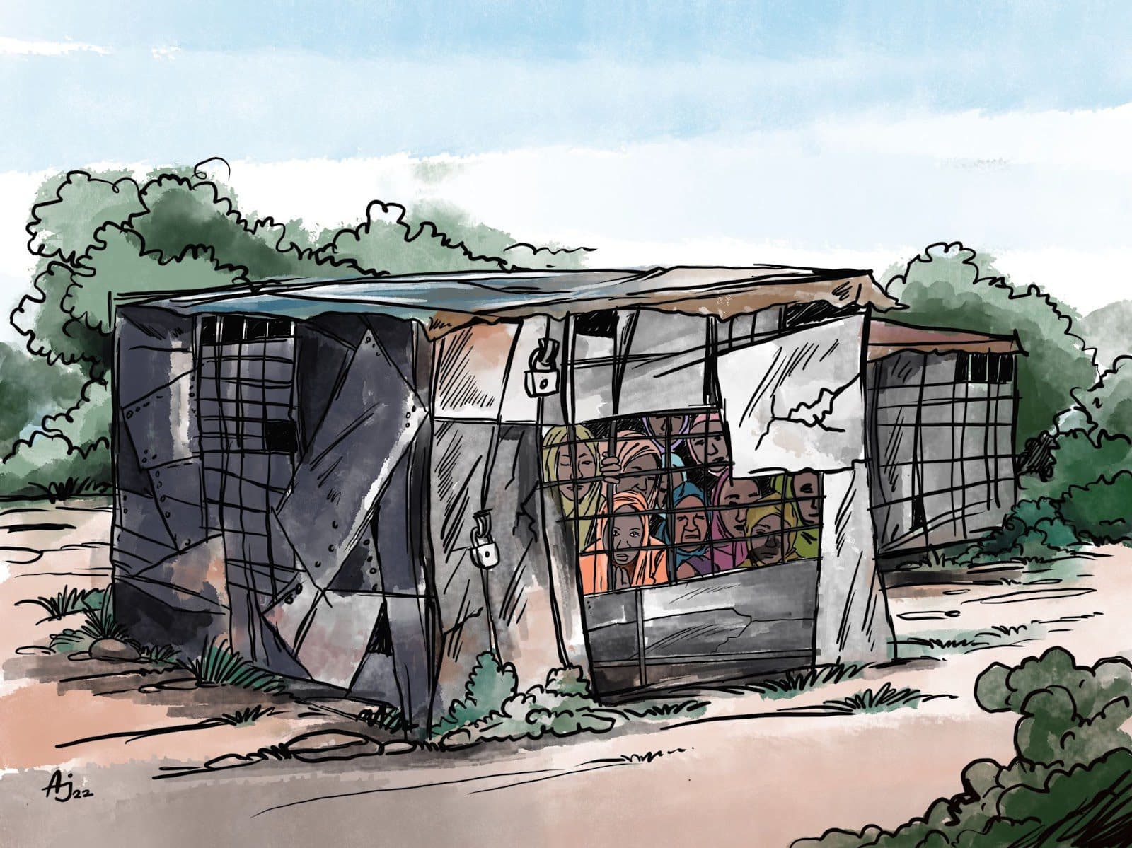 The picture is of a shack made of scrap metal, a group of women peer out from inside