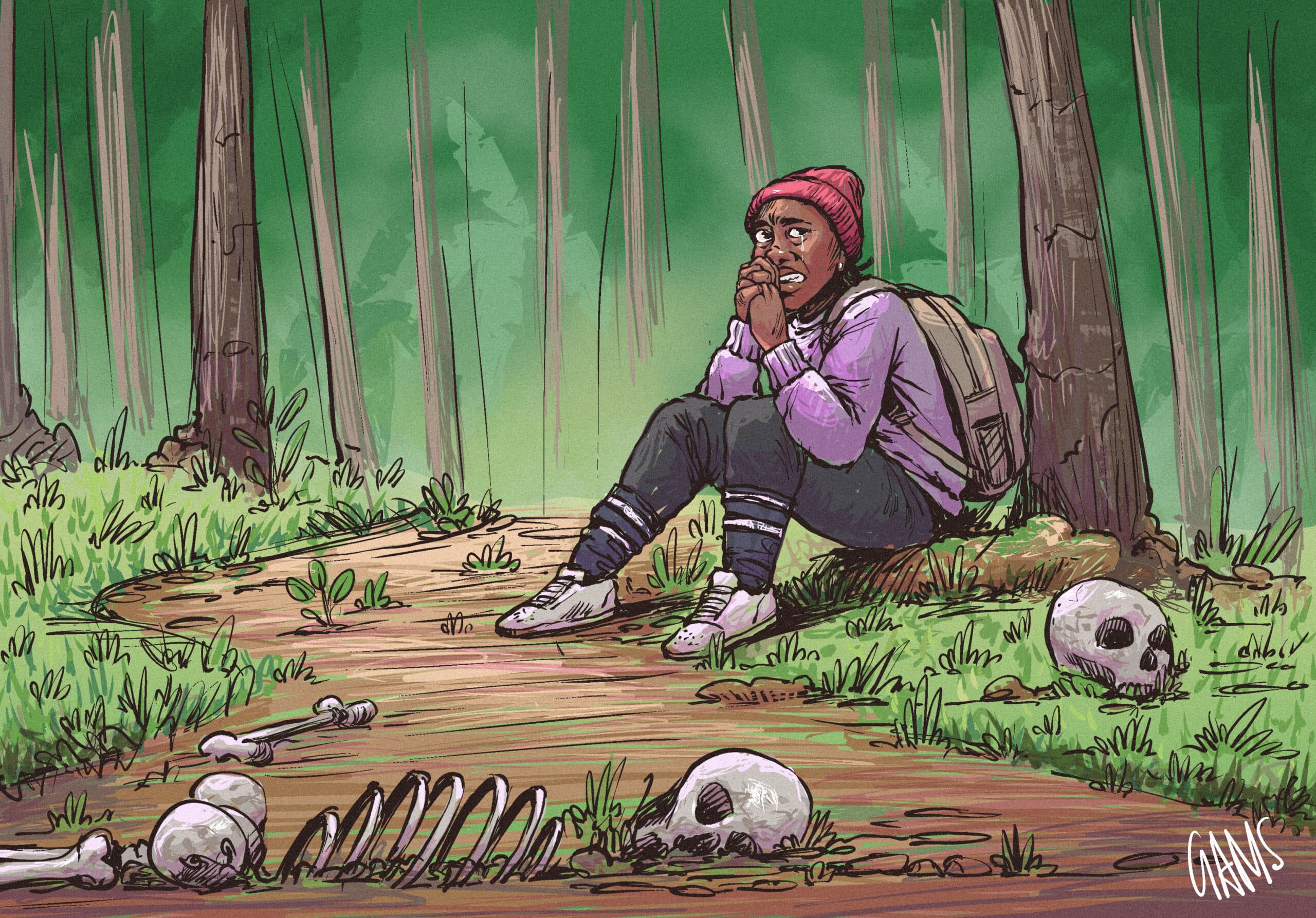 A Cameroonian migrant, lost in the forest of the Darien Gap in Panama, sits down and cries