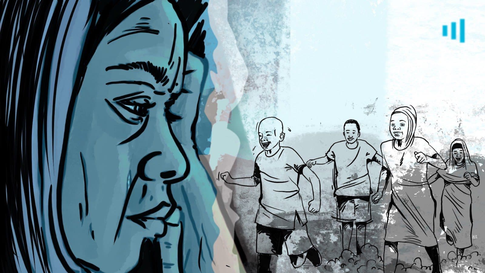 Illustration of a woman's profile with a sketch of four people running joyfully in the background.