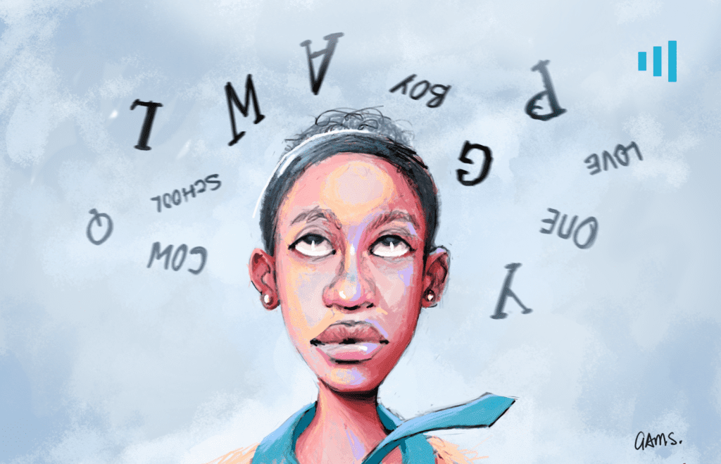 Illustrated person with a contemplative expression surrounded by floating, jumbled letters on a blue background.