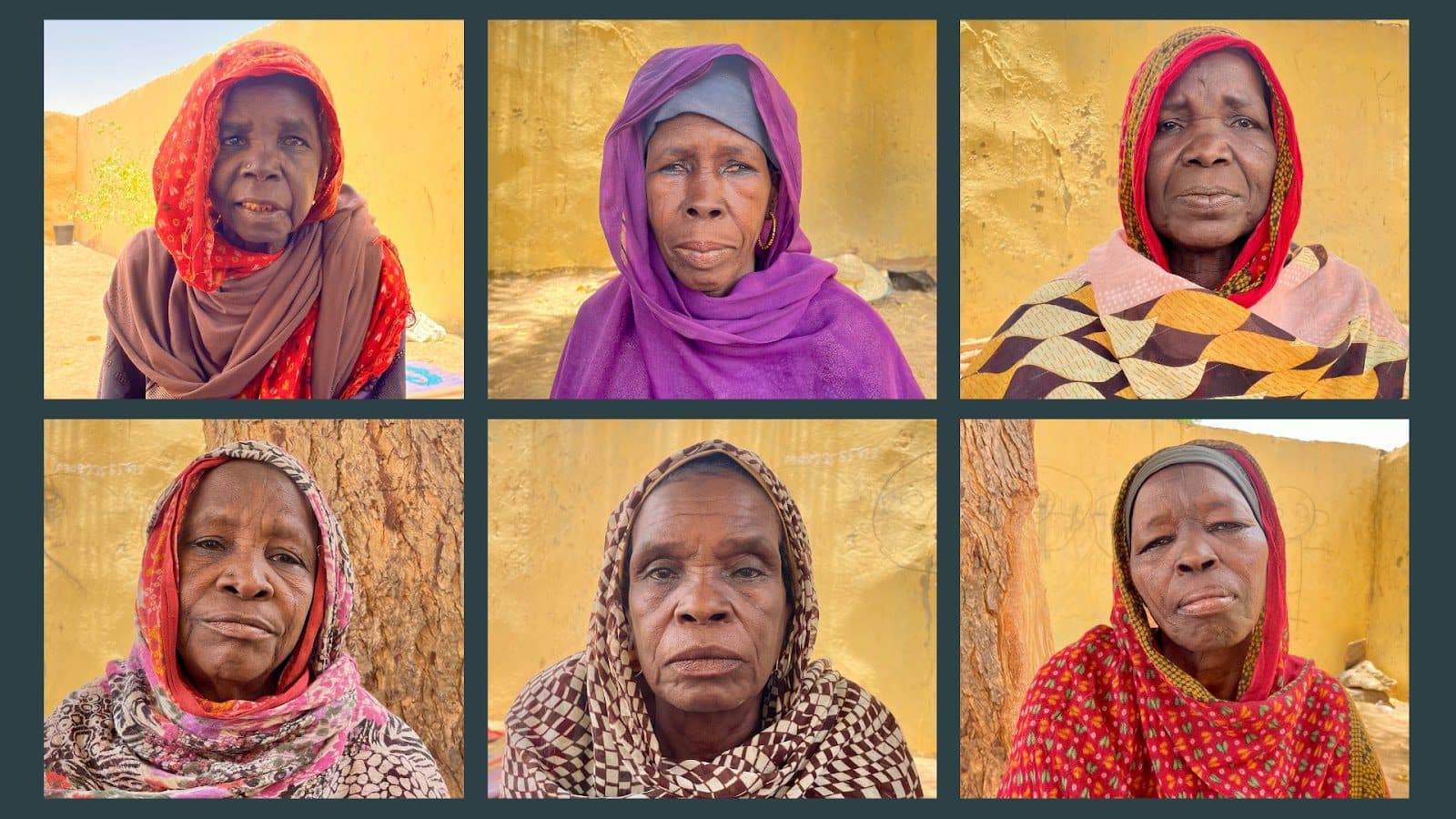 Six portraits of elderly women with colorful headscarves against a yellow background.