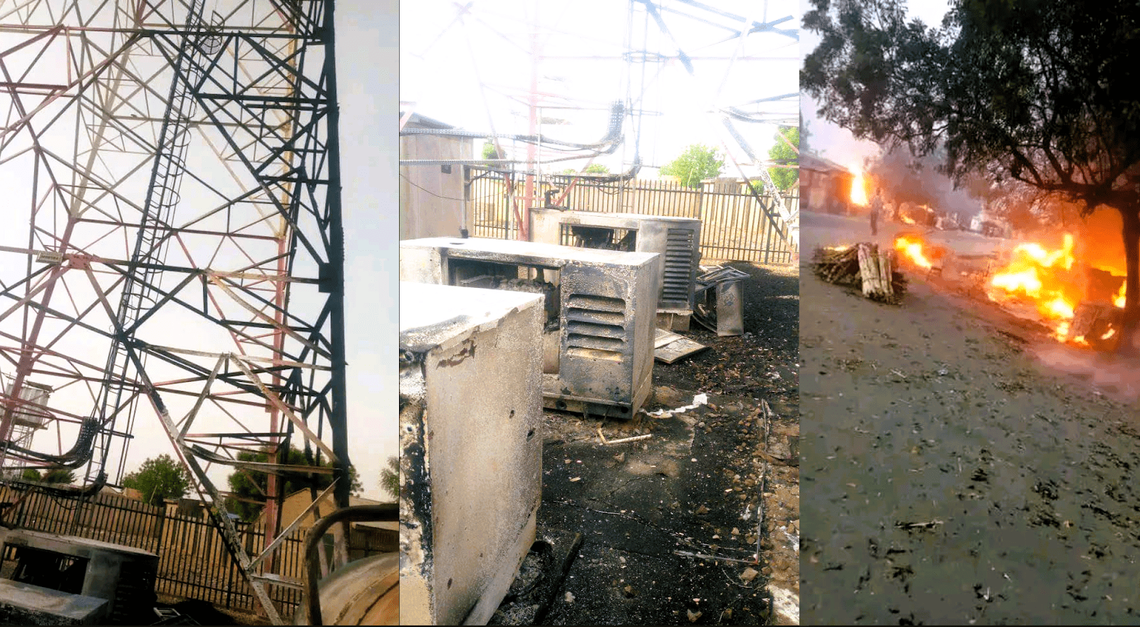 A collage of three images showing damaged electrical infrastructure and a fire, possibly after an incident.