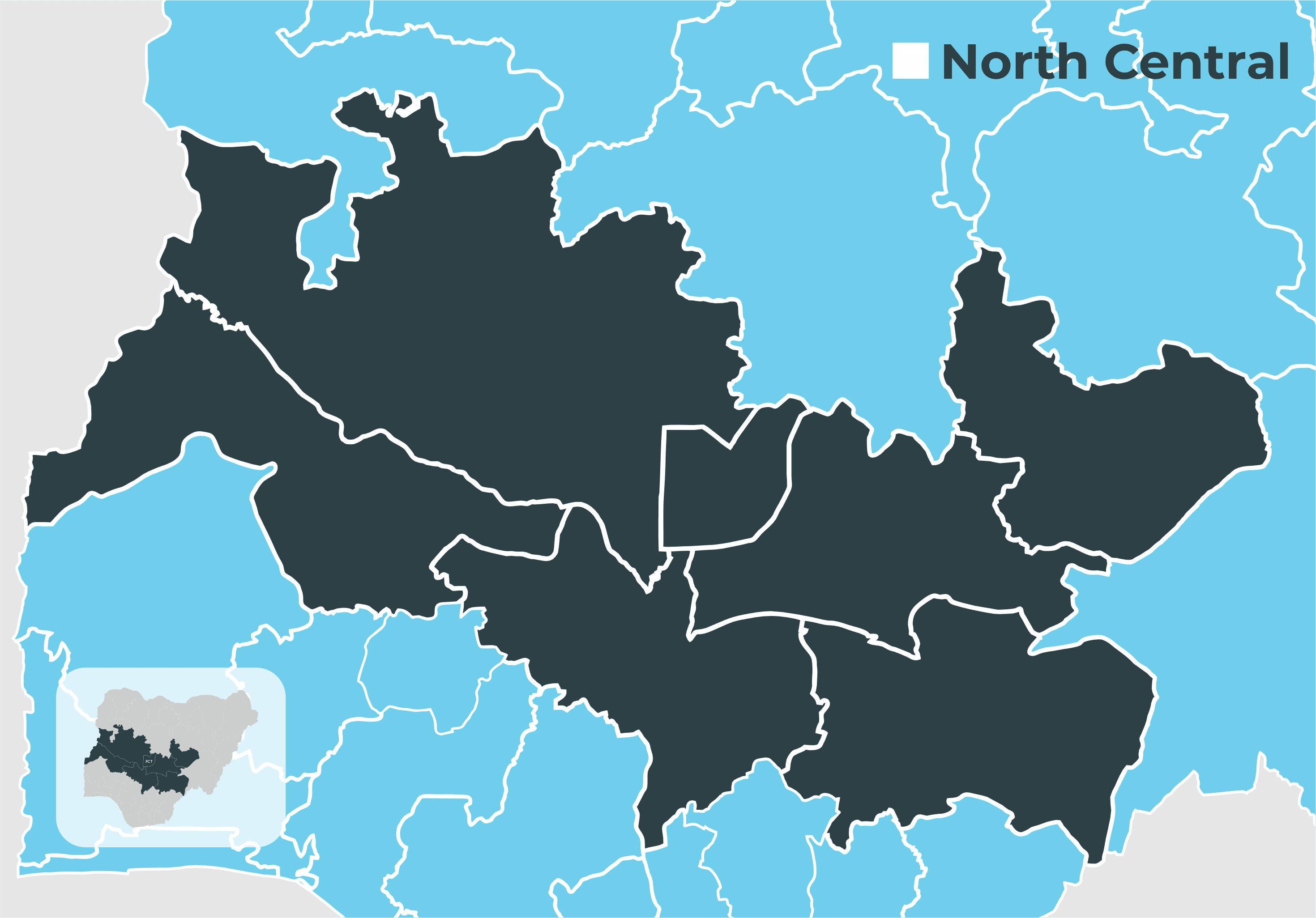 Map highlighting the North Central region in a country with surrounding areas in lighter color.