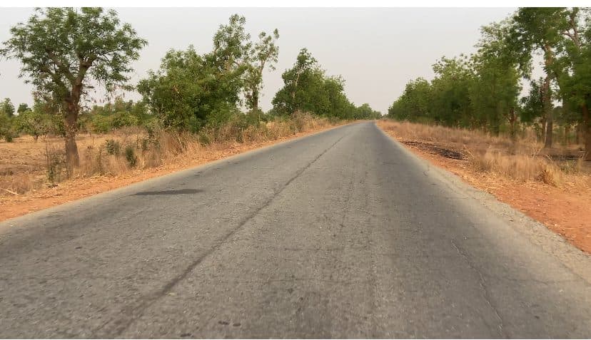 A straight, empty road leading through a dry landscape with sparse trees on either side.