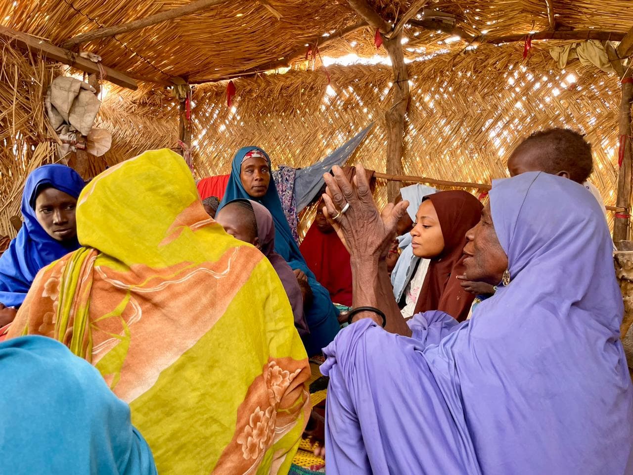 Group of people engaged in a discussion inside a thatched hut.