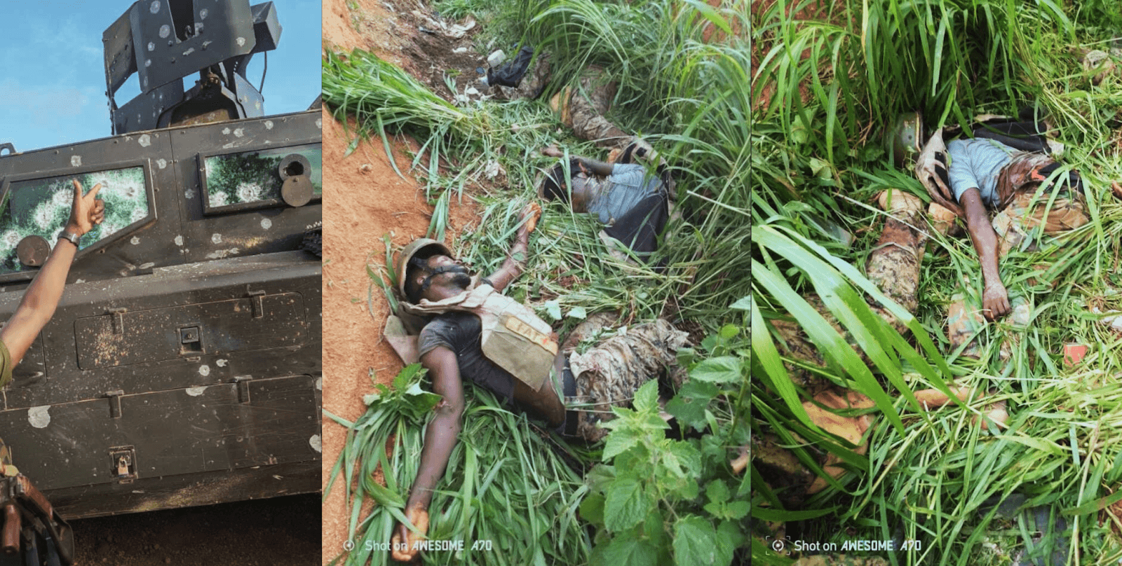 A damaged armored vehicle with bullet holes and two scenes showing individuals lying in the grass, potentially depicting a conflict situation.