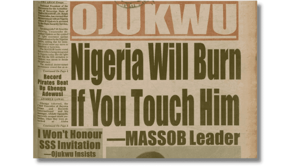 Newspaper headline stating "Nigeria Will Burn If You Touch Him - MASSOB Leader" with additional article snippets.