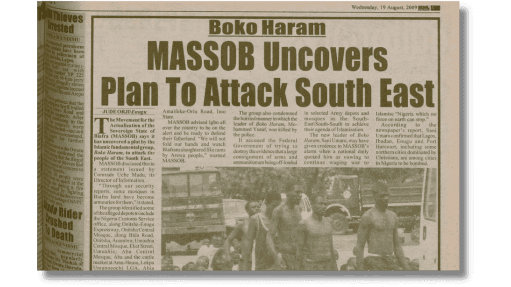 Newspaper clipping with headline "MASSOB Uncovers Plan To Attack South East," discussing Boko Haram, dated August 19, 2009.