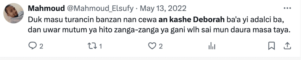 A screenshot of a tweet from Mahmoud with text about Deborah