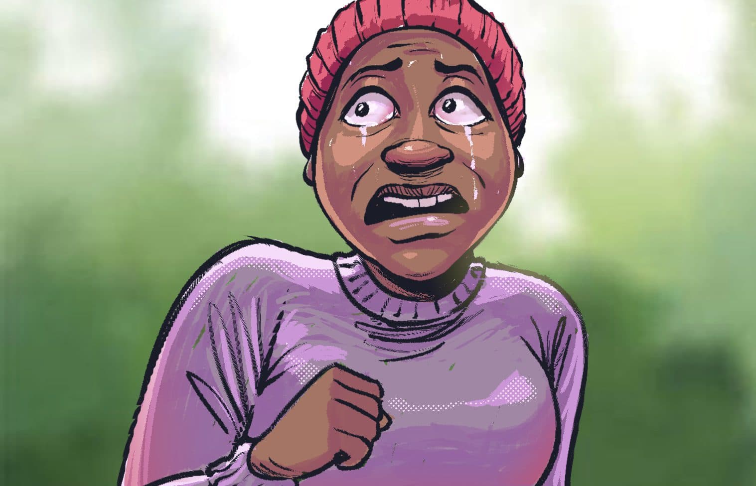 Illustration of a worried person in a pink hat and sweater with tears in their eyes.