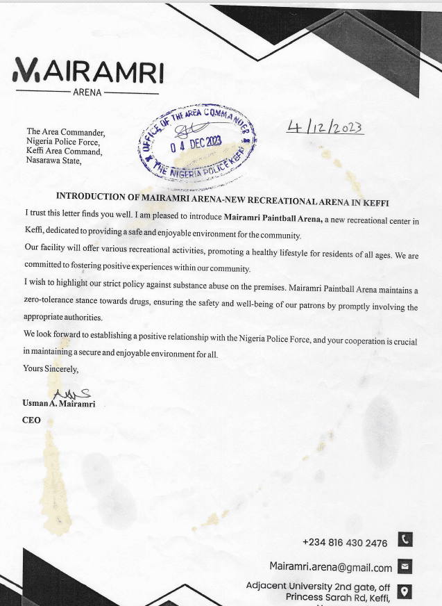 Document with a letterhead introducing Mairamri Arena, stamps from Nigerian Police, and a CEO