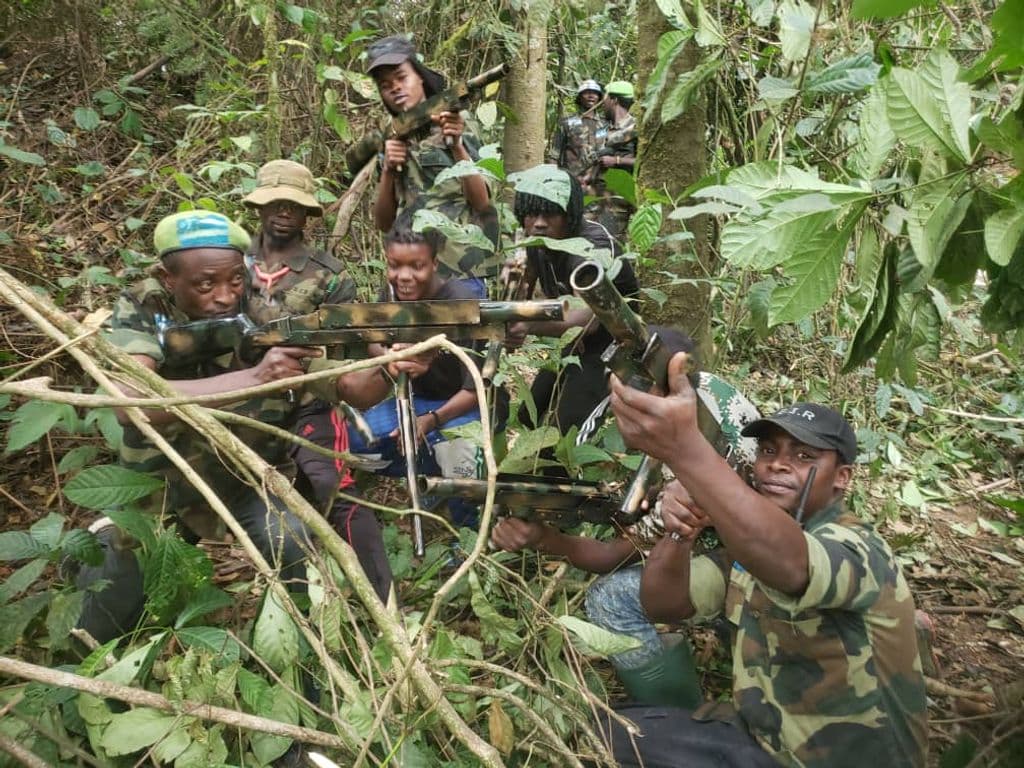 Group of individuals in camouflage attire with firearms in a dense forest.