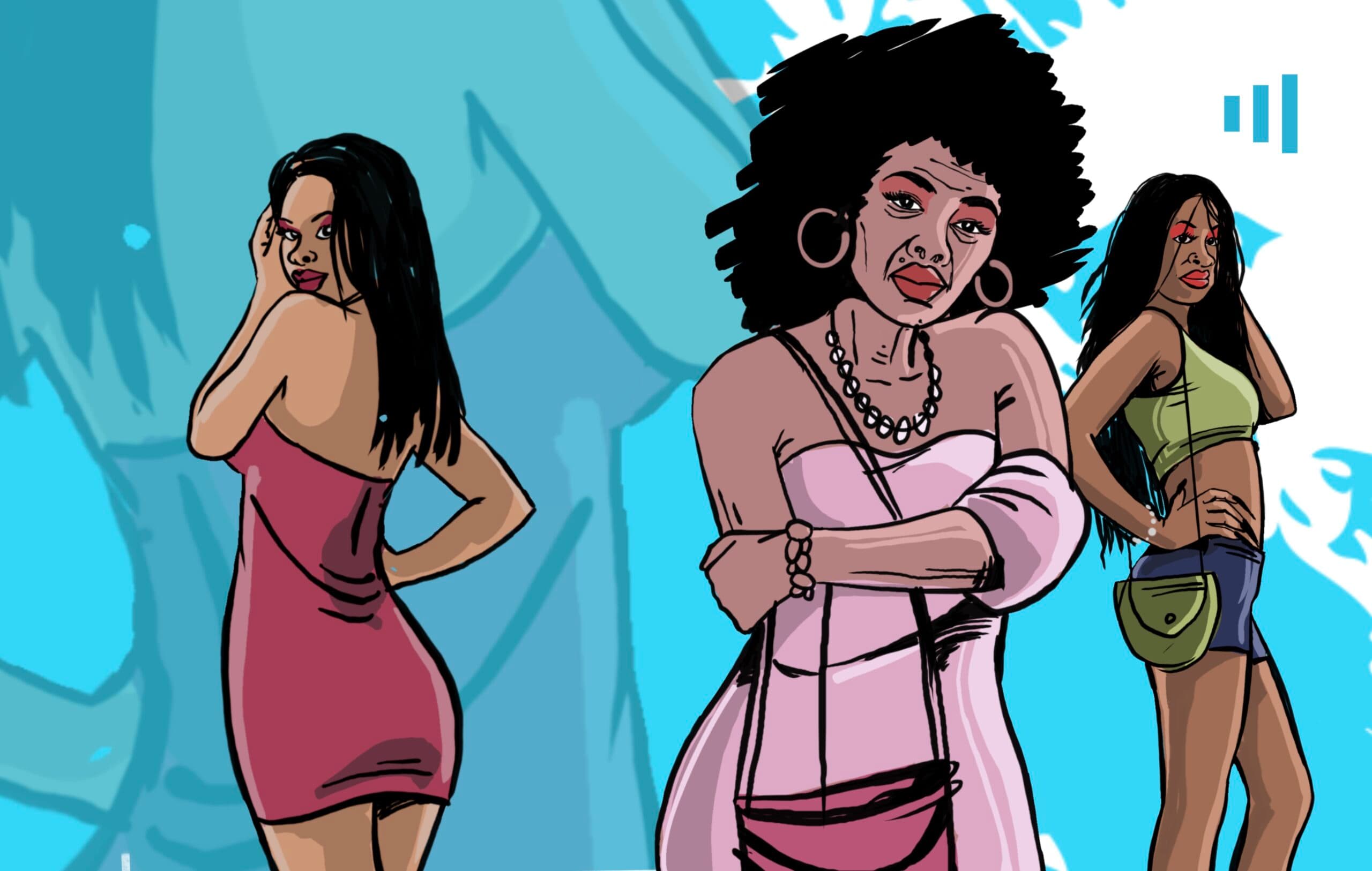 Three animated women in stylish attire standing with confident postures against a blue abstract background.