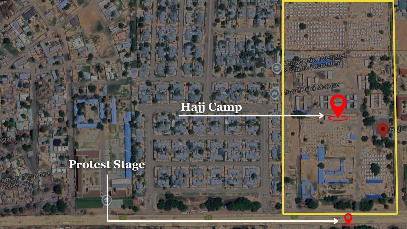 Satellite view of an urban area with labeled locations: Hajj Camp, Protest Stage, and a mosque.