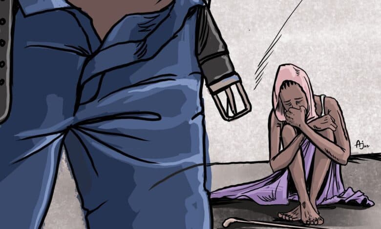 Illustration of a person in a police uniform approaching a distressed seated individual with a baton.