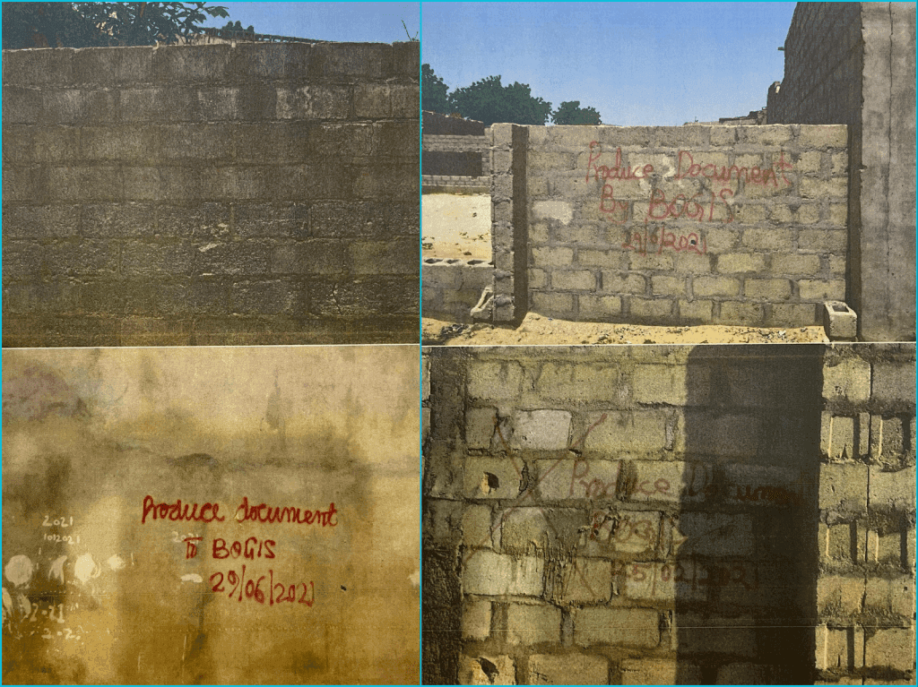 Four images of walls with graffiti in red, saying "Produce Document by BOGIS" with dates written underneath.