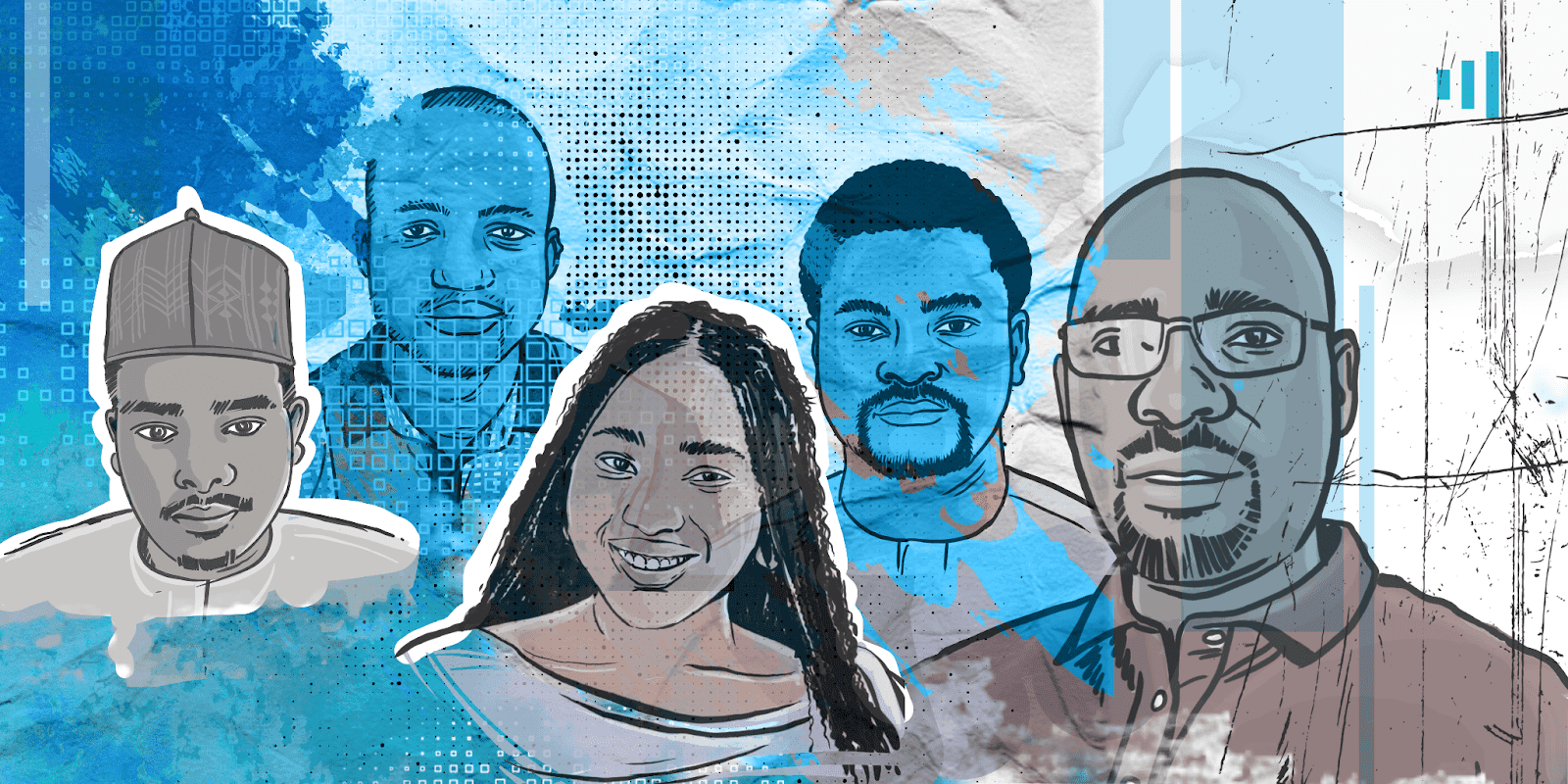 Illustration of five diverse people in a stylized digital artwork with blue accents and geometric patterns in the background.