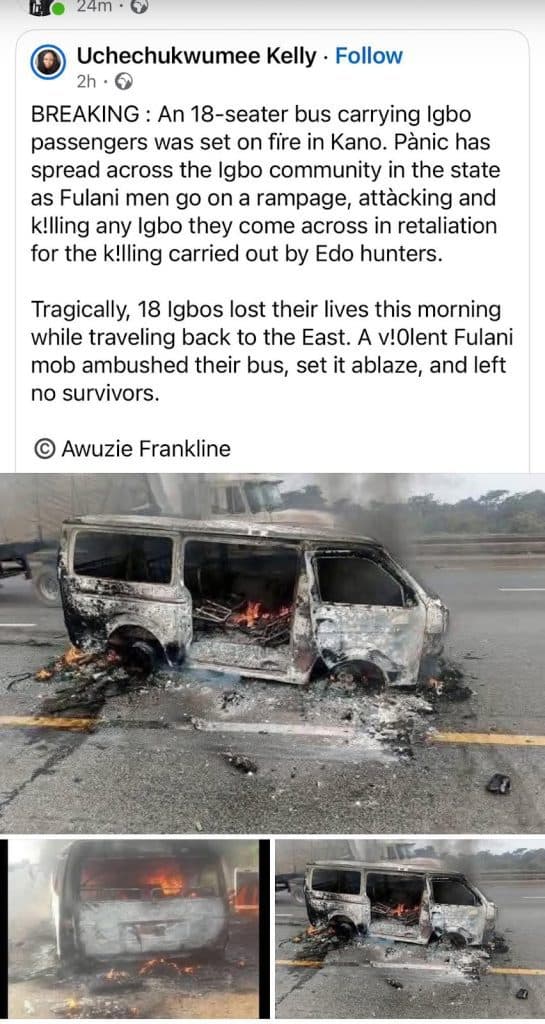 Burnt-out bus on a highway with surrounding debris and flames inside, following a reported attack.