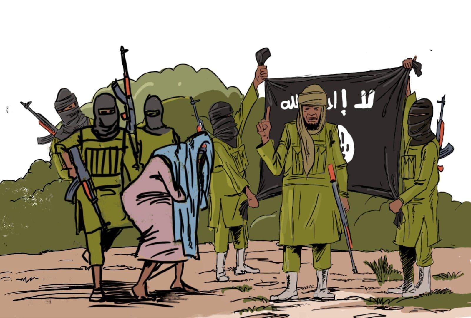 Illustration of armed individuals in green, one with a flag, surrounding a person in blue and pink clothing in a bent posture.