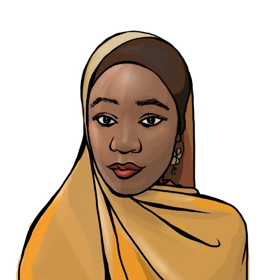 Illustration of a woman wearing a yellow hijab, with hoop earrings, against a plain white background.