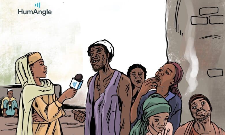 Illustrated scene of a reporter interviewing a group of diverse, expressive individuals near a brick wall, with HumAngle logo.