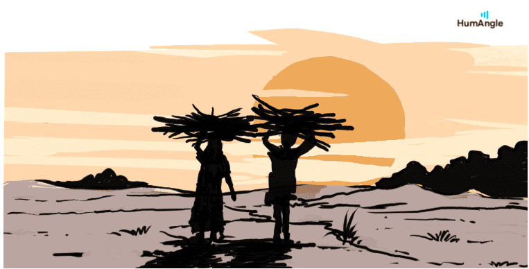 Two silhouetted figures carry wood under an orange, setting sun in a desert landscape.