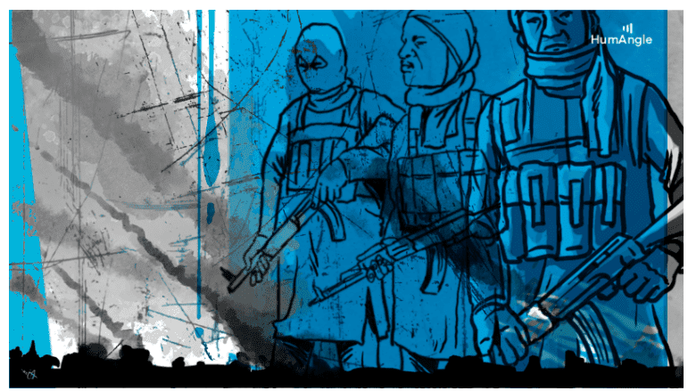 Stylized illustration of three armed figures in blue, with abstract background and black silhouettes on the bottom.