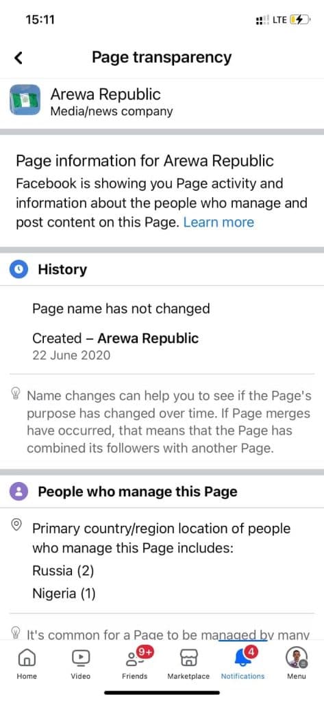 Facebook page transparency details for Arewa Republic, created June 22, 2020. Managed from Russia and Nigeria.