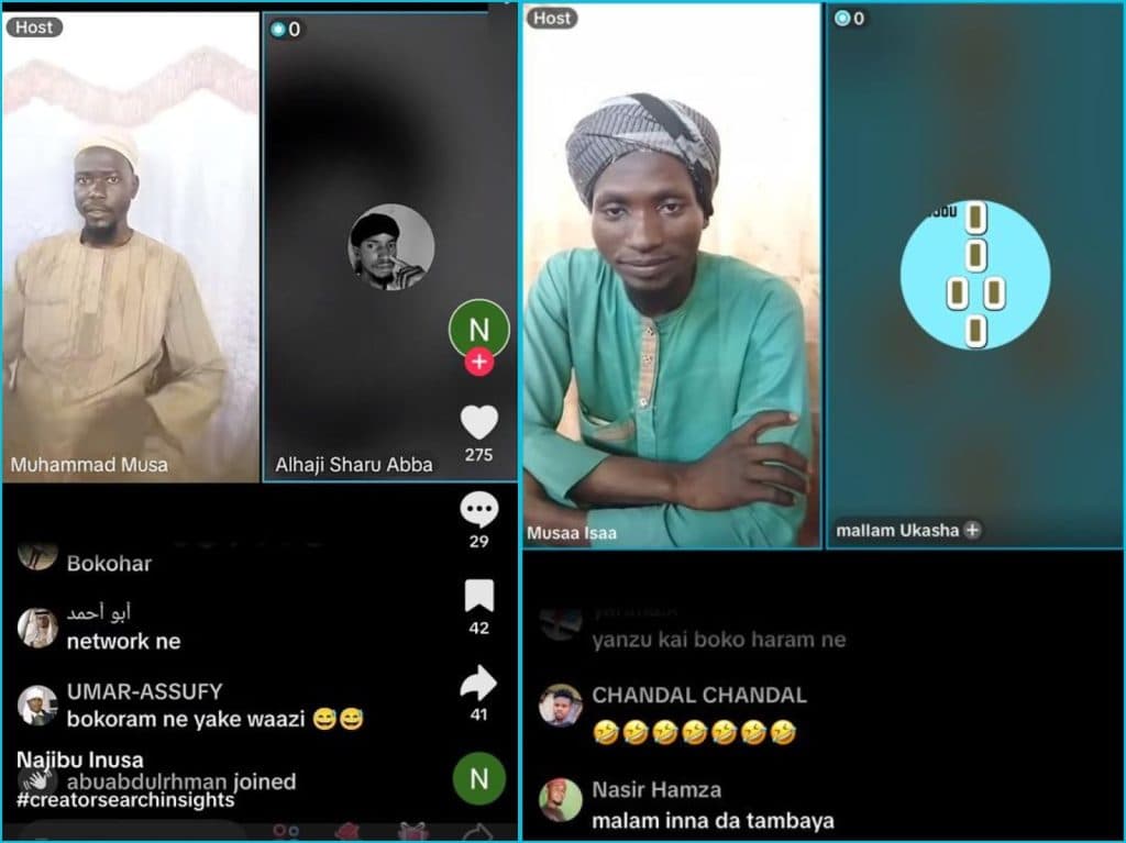 Split-screen video call with three participants, live chat comments visible below.