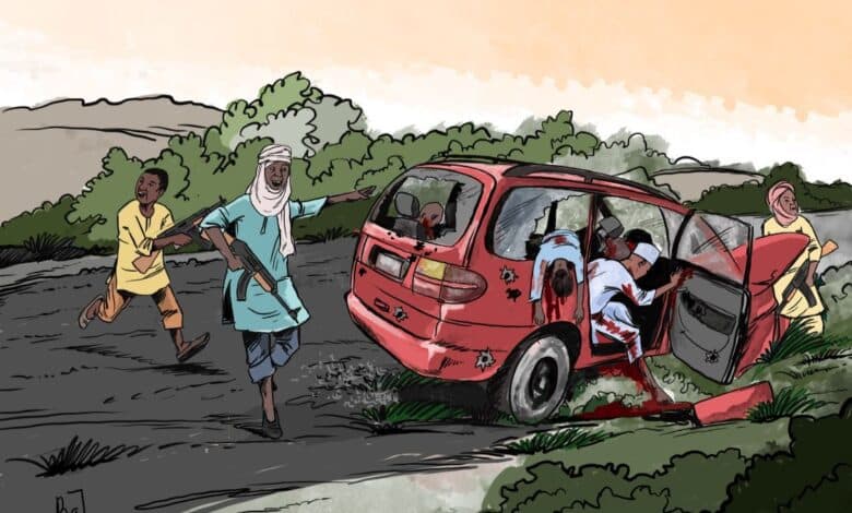 Illustration of an attack on a red car by armed individuals on a rural road, with visible injuries and surrounding vegetation.