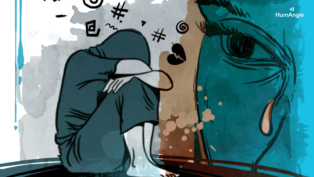 Illustration of a person curled up, surrounded by chaotic symbols, with a large eye tearing up on a split-color background.
