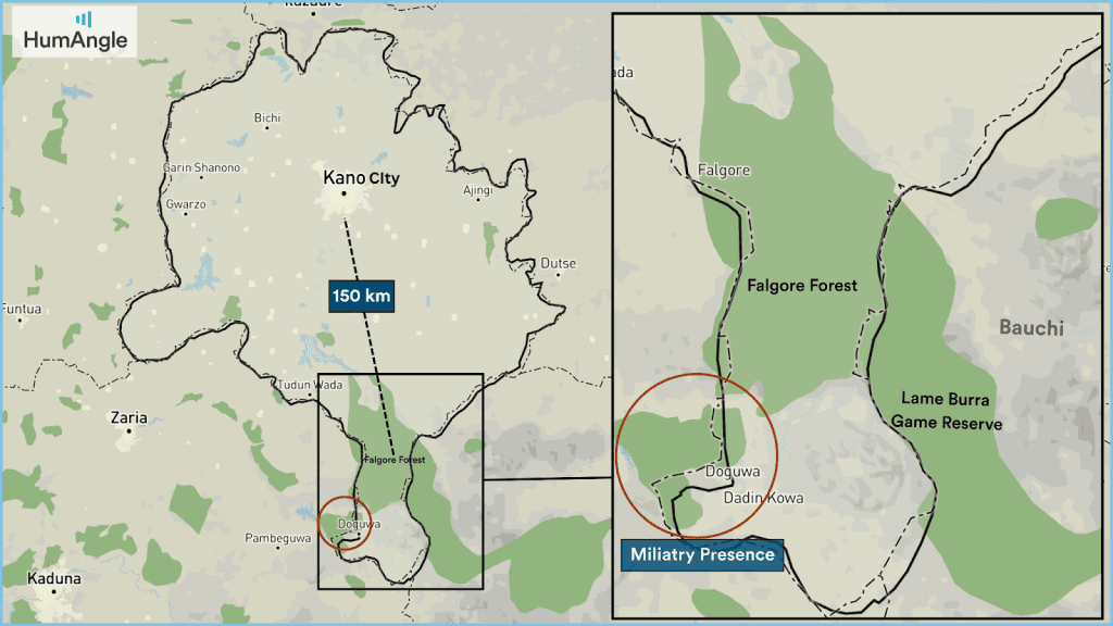 Map of Kano region showing Kano City, Falogore Forest, Doguwa, and military presence, with a focus on distance from Kano.