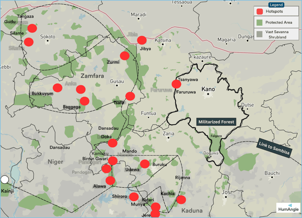 Map showing hotspots in Northern Nigeria with red dots, green protected areas, and militarized zones.