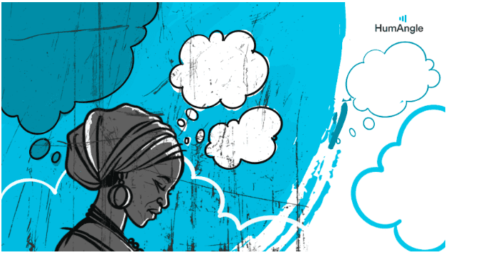 Illustration of a woman in profile with thought bubbles on a blue background, conveying reflection or contemplation.