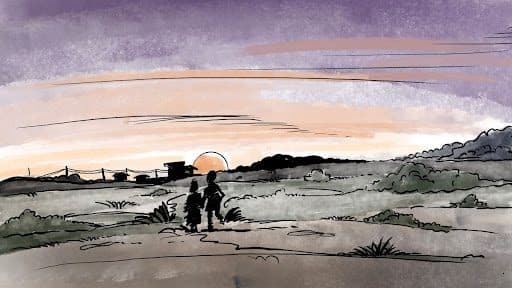 Two figures walk towards a sunset on a grassy landscape with a purple and orange sky.