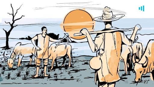 Two farmers with cattle on a grassy field at sunset, one holding a stick over his shoulder, the other gesturing toward the horizon.
