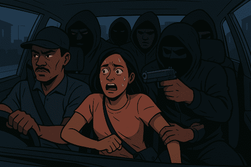A woman in a car looks scared as a masked person points a gun at her. The driver and three masked figures sit in the back.