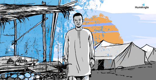 Illustration of a person in traditional clothing standing near a market stall, with tents and a sunset in the background.