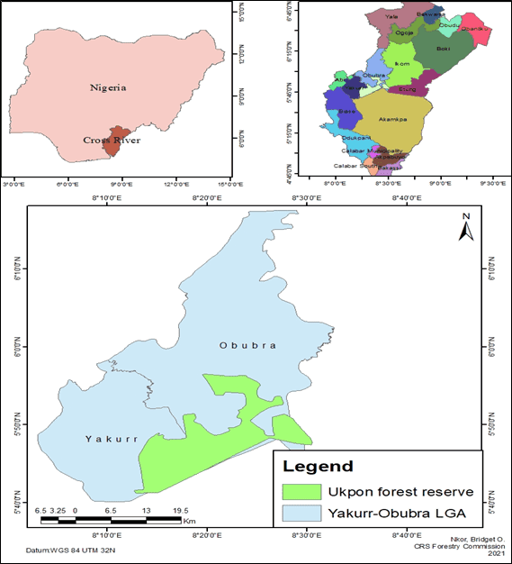 Map showing Nigeria with Cross River highlighted, detailed view of its LGAs, and Yakurr-Obubra area with Ukpon forest reserve marked.