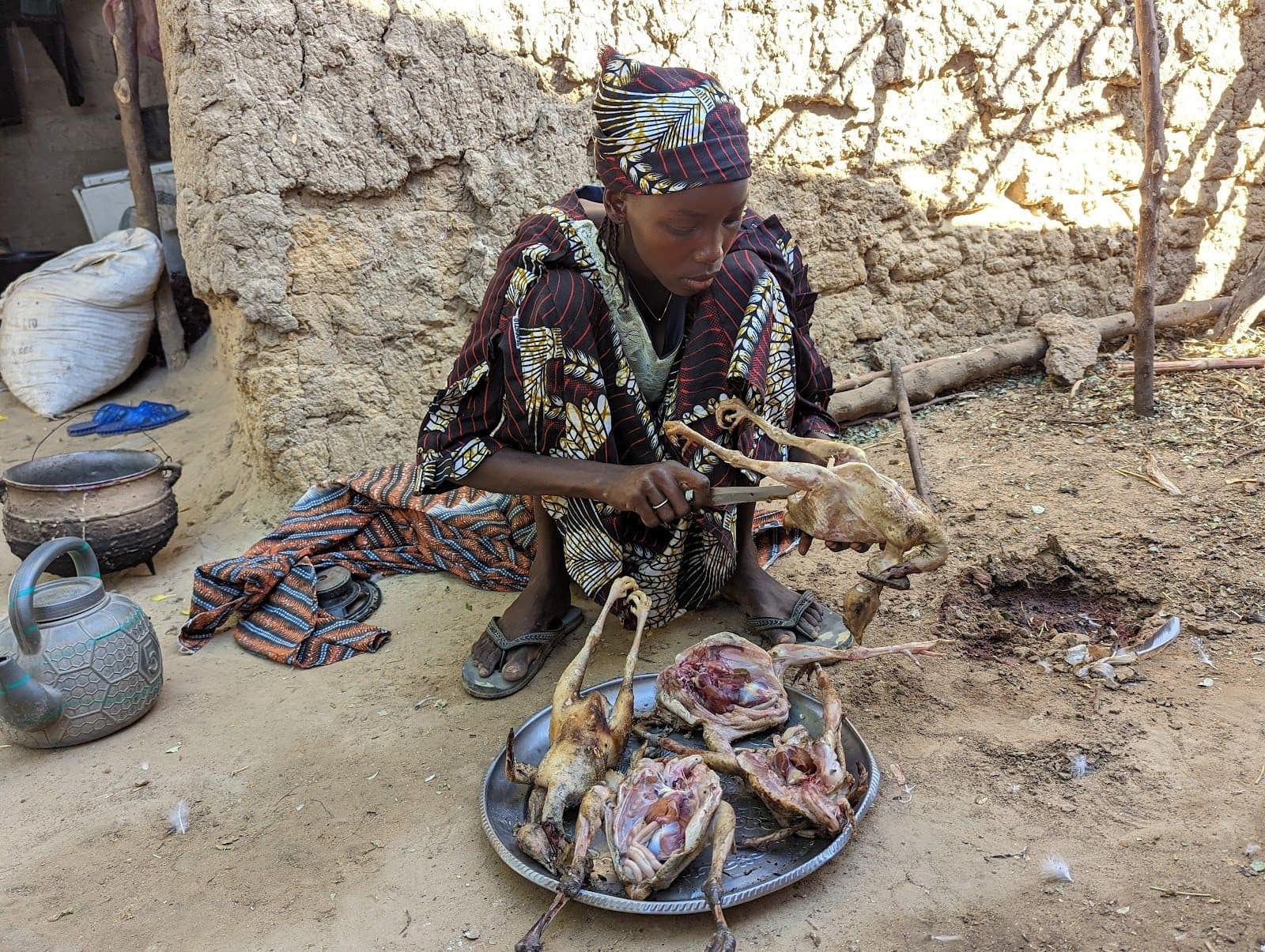 Person preparing poultry outdoors with traditional attire, sitting on the ground next to a stone wall.