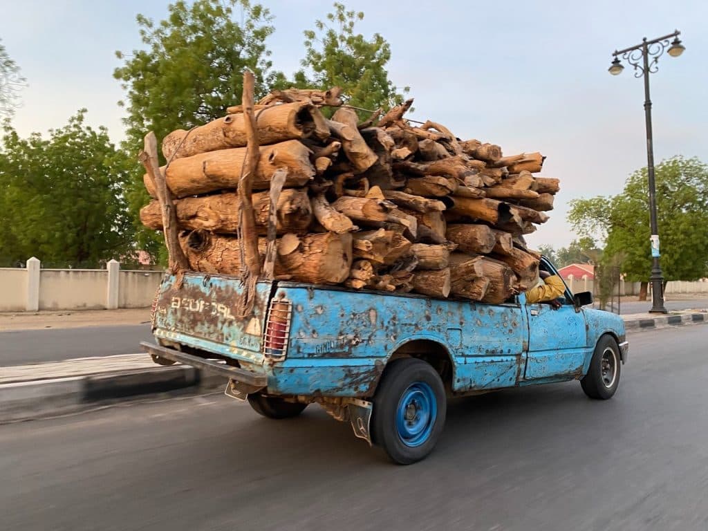 Old blue truck overloaded with large wooden logs, driving on a road lined with trees and a streetlamp.