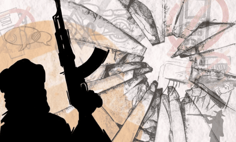 Silhouette of a person with a rifle in front of shattered abstract background with speech bubbles and prohibition signs.