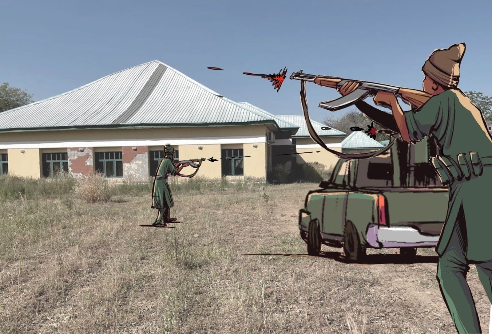 Illustration of two armed figures in combat near a building, with one crouching behind a vehicle and shooting.