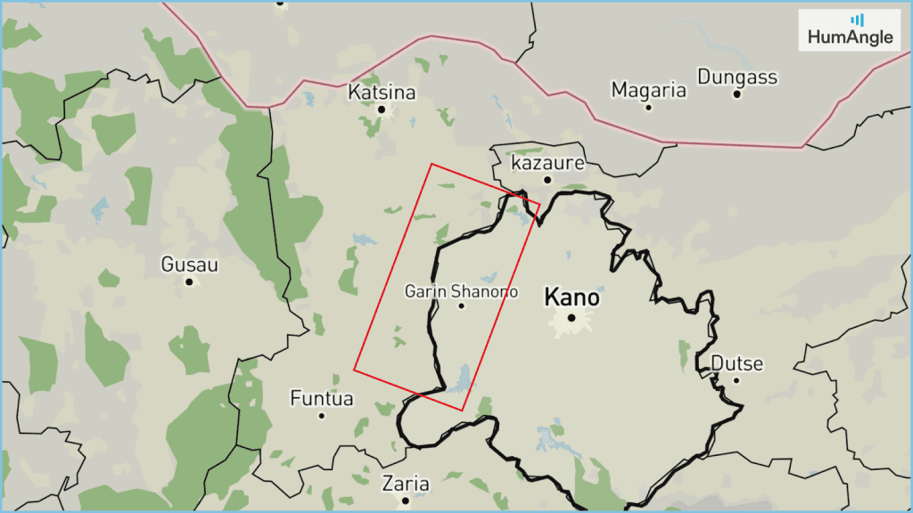 Map showing regions in Nigeria, including Kano, Zaria, and Katsina, with marked borders and green areas for vegetation.