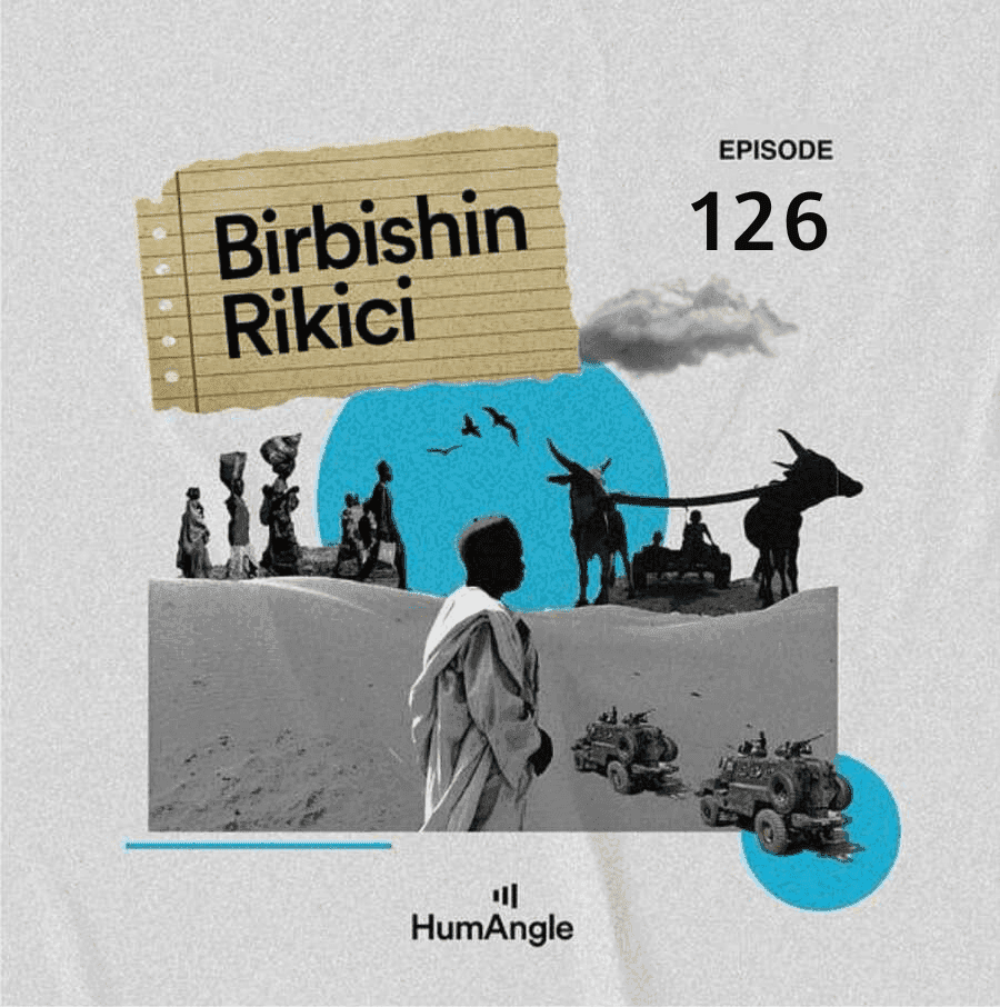 Collage art with people, animals, and vehicles in desert. Text: "Birbishin Rikici, Episode 126", HumAngle logo at the bottom.